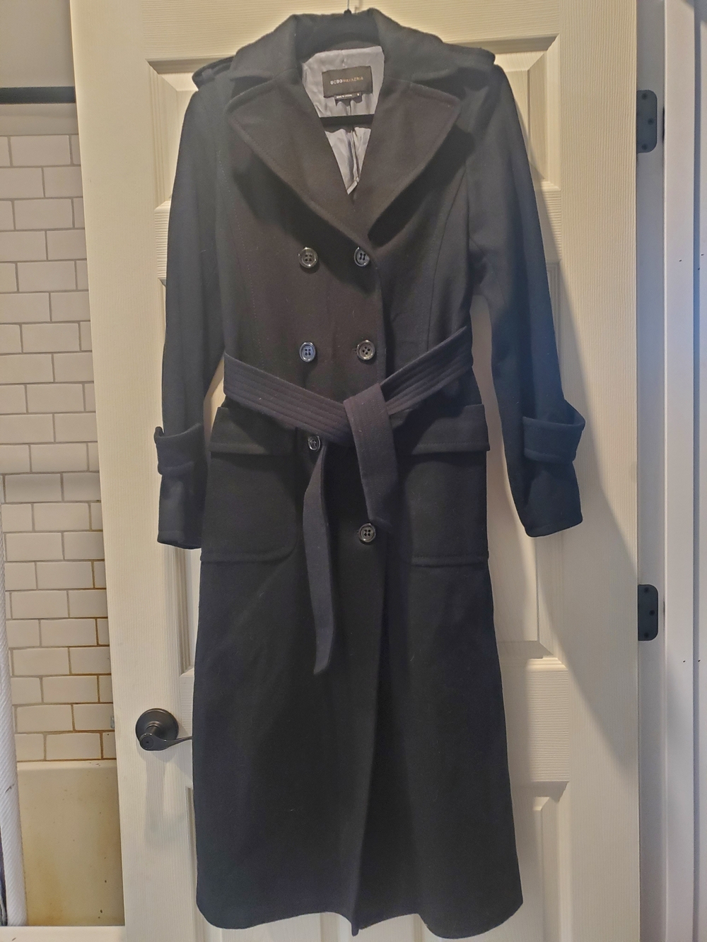 BCBGMaxAzria Black Double-Breasted Belted Trench Coat